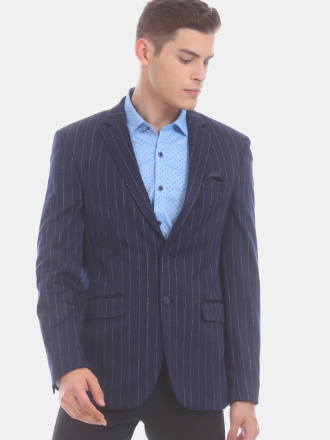 

True Blue Men Navy Blue & White Slim Fit Striped Blazer