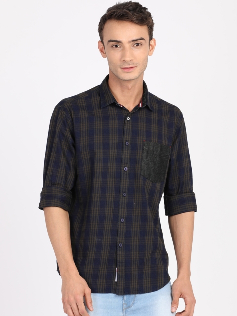 

ANTHEM Men Blue & Olive Green Regular Fit Checked Casual Shirt