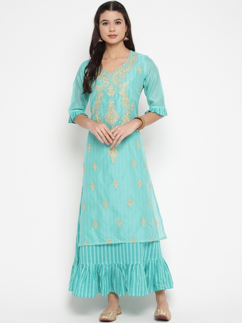 

Prakhya Women Blue & Gold-Toned Embroidered Anarkali Kurta