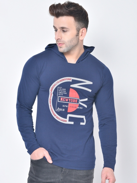 

Chkokko Men Navy Blue Printed Hood T-shirt