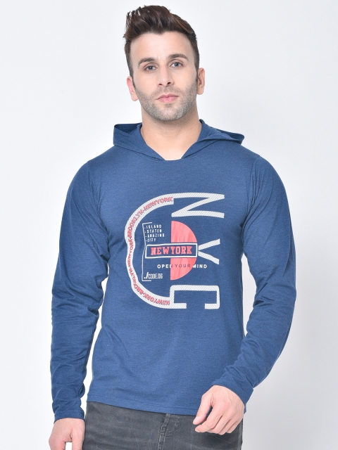 

Chkokko Men Blue Printed Cotton Hood T-shirt
