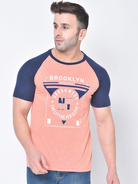 

Chkokko Men Orange & Navy Blue Printed Round Neck T-shirt