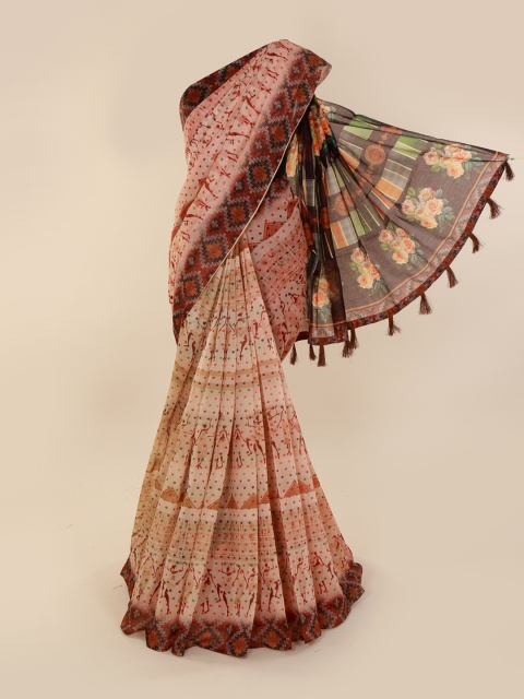 

Pothys Cream-Coloured & Orange Cotton Blend Printed Saree