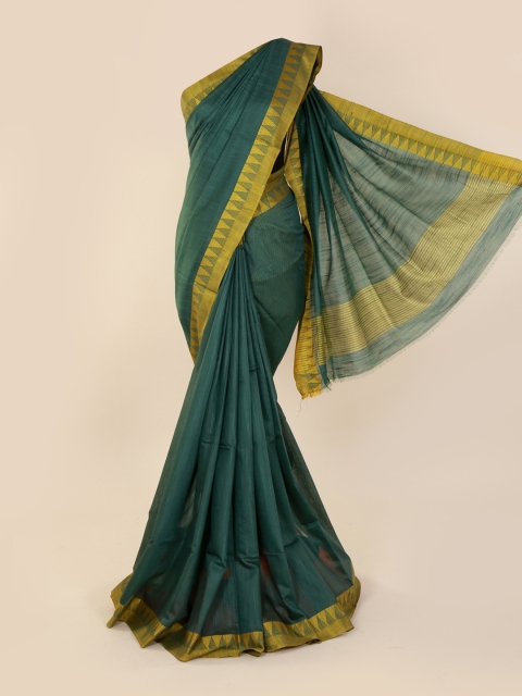

Pothys Green & Gold-Toned Linen Blend Solid Saree