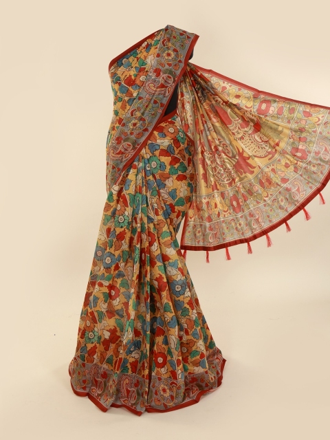 

Pothys Mustard & Red Cotton Blend Printed Saree