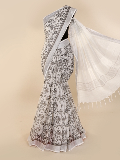 

Pothys White & Grey Linen Blend Printed Saree