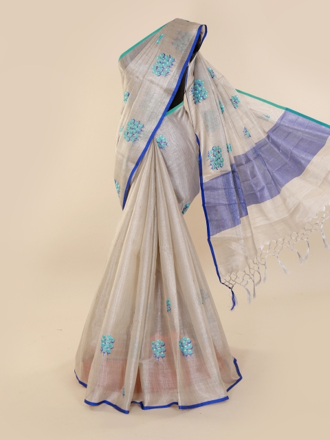 

Pothys Silver-Toned Embroidered Tissue Saree with Tassel Palllu