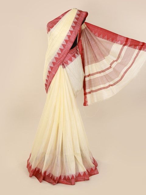 

Pothys Cream-Coloured & Maroon Linen Blend Solid Saree