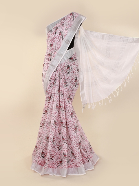 

Pothys White & Pink Linen Blend Printed Saree