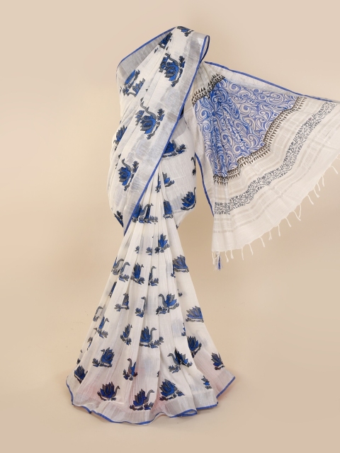 

Pothys White & Blue Linen Blend Printed Saree