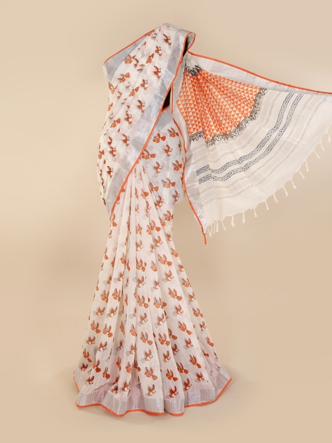 

Pothys White & Orange Linen Blend Printed Saree