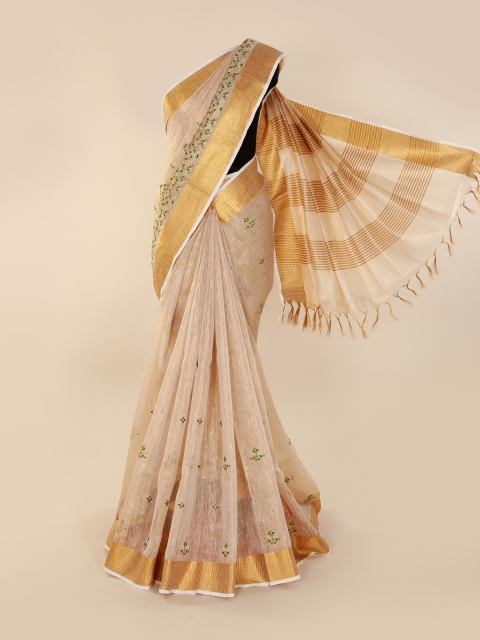 

Pothys Beige & Gold-Toned Pure Linen Printed Saree