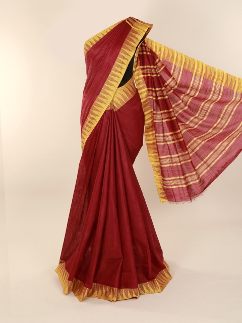 

Pothys Maroon Solid Linen Blend Saree with Woven Design Border