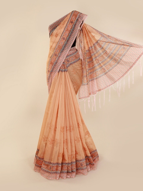 

Pothys Peach-Coloured & Brown Cotton Blend Solid Saree