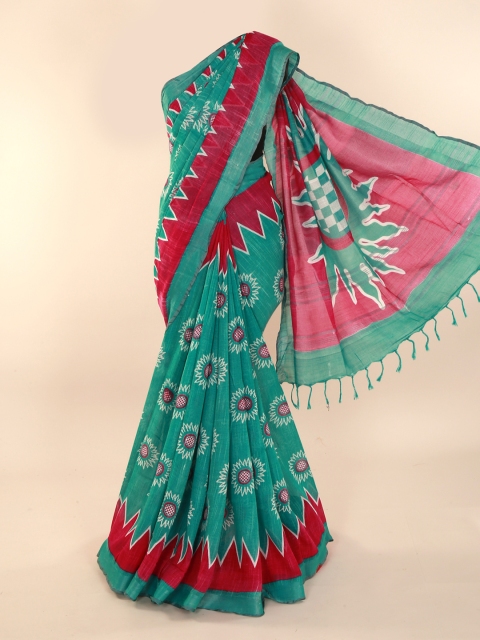 

Pothys Blue & Red Linen Blend Printed Saree