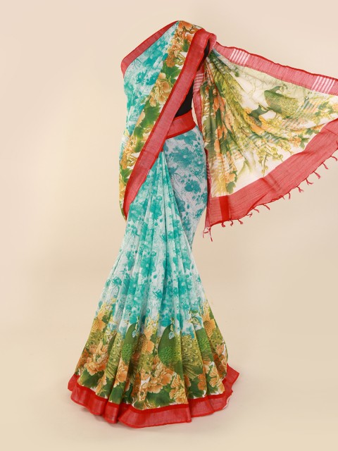 

Pothys Blue & Green Linen Blend Printed Saree