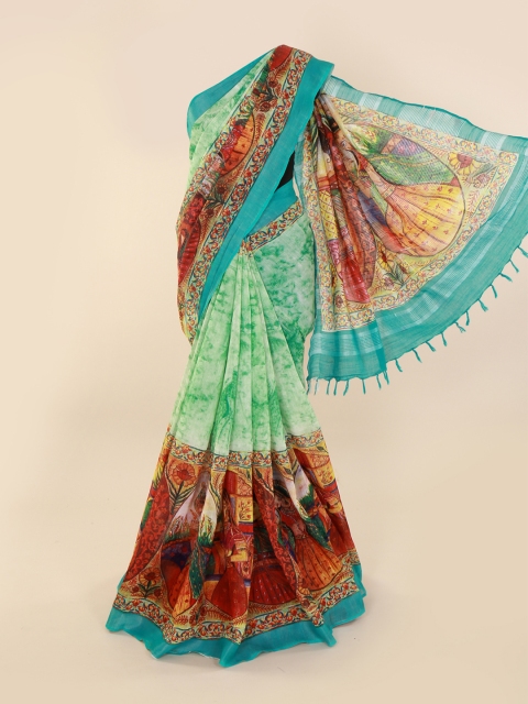 

Pothys Green & Red Linen Blend Printed Saree