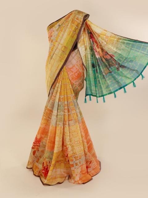 

Pothys Yellow Cotton Blend Printed Chanderi Saree