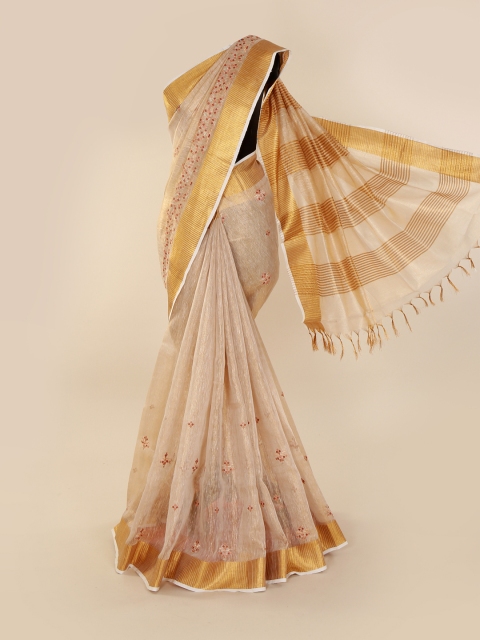 

Pothys Beige & Gold-Coloured Pure Linen Striped Saree