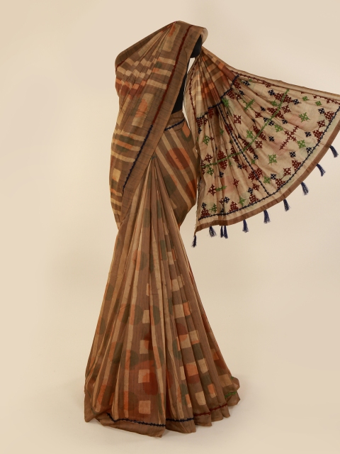 

Pothys Brown Printed Cotton Blend Saree With Aari Work Pallu