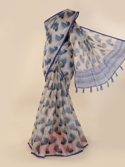 

Pothys Silver-Toned Printed Tissue Saree