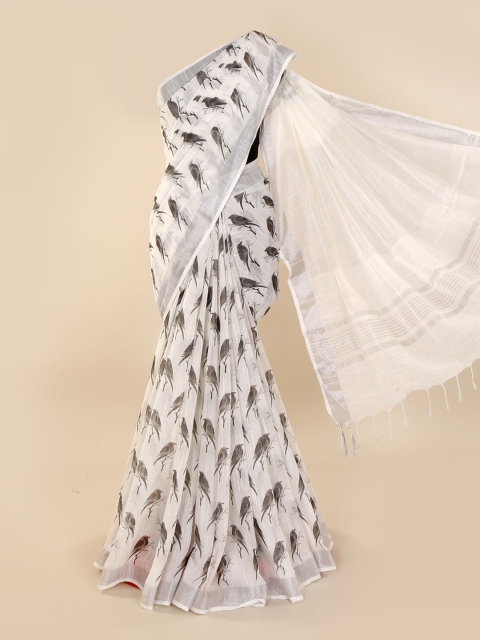 

Pothys White & Grey Linen Blend Printed Saree