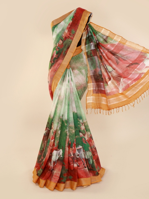 

Pothys Green & Maroon Linen Blend Printed Saree