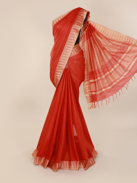

Pothys Red & Gold-Coloured Linen Blend Solid Saree