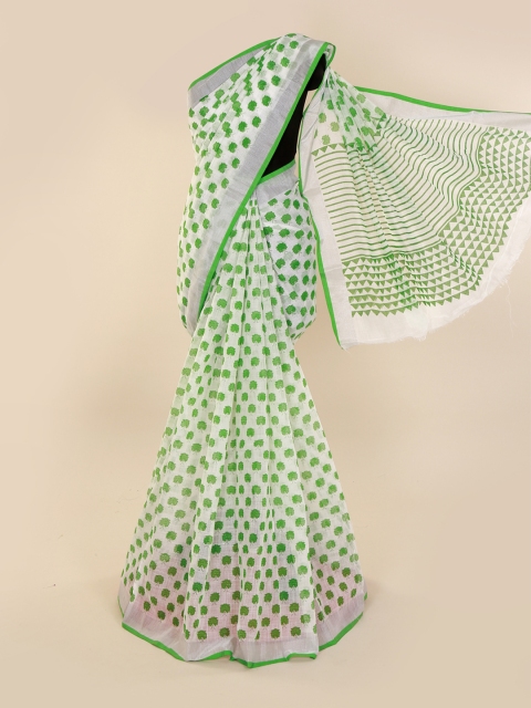

Pothys White & Green Linen Blend Printed Saree