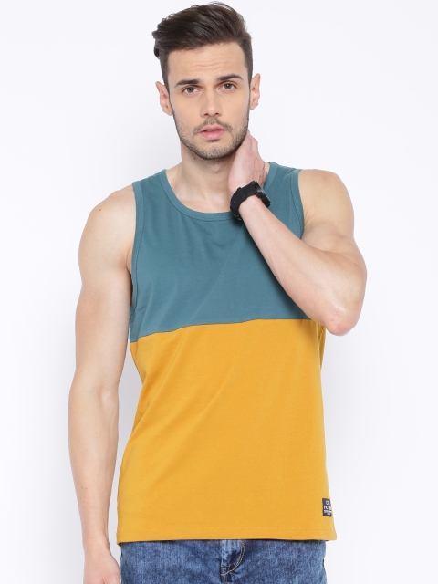 

CULT FICTION Men Mustard Yellow & Blue Colourblocked T-shirt