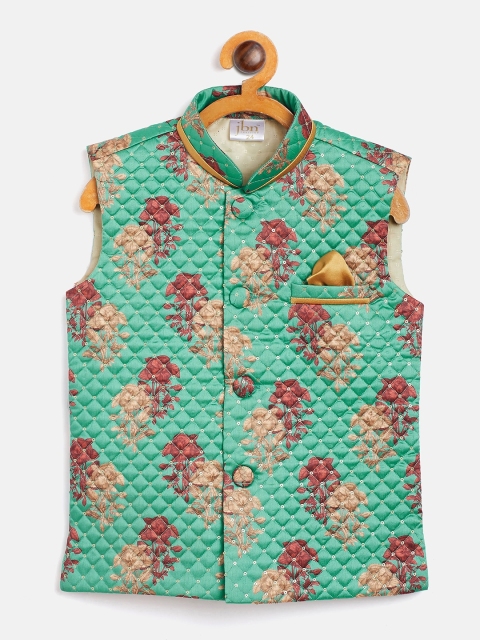

JBN Creation Boys Green & Red Floral Print & Sequinned Quilted Nehru Jacket
