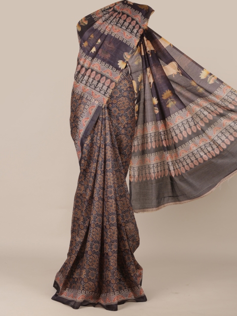 

Pothys Navy Blue & Off-White Jute Silk Printed Saree