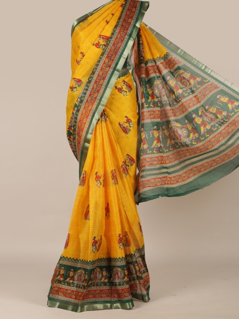 

Pothys Yellow & Green Jute Silk Printed Saree
