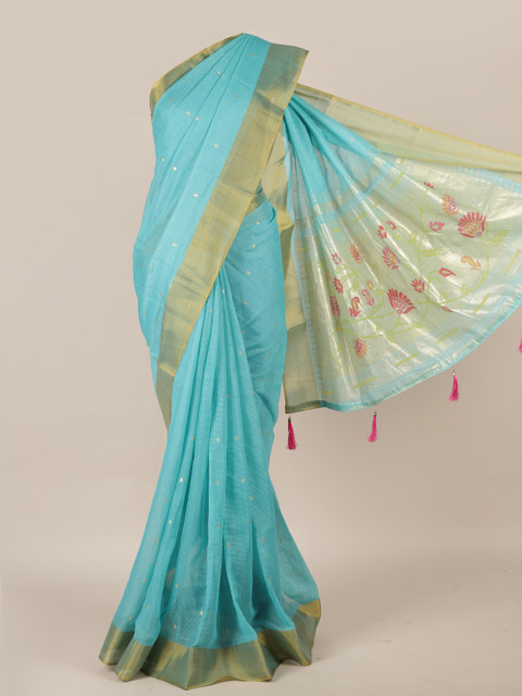 

Pothys Blue & Gold-Coloured Jute Silk Solid Saree