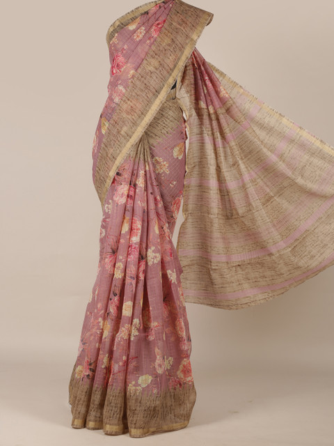 

Pothys Pink & Brown Jute Silk Printed Saree