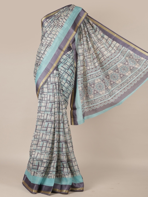 

Pothys Blue & Grey Jute Silk Printed Saree