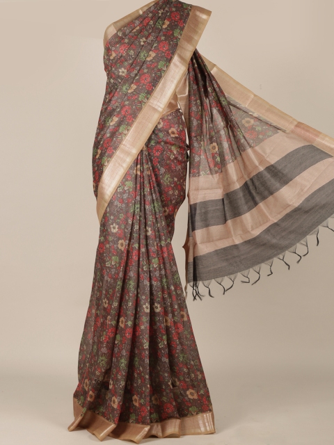 

Pothys Olive Green & Cream-Coloured Jute Silk Printed Saree
