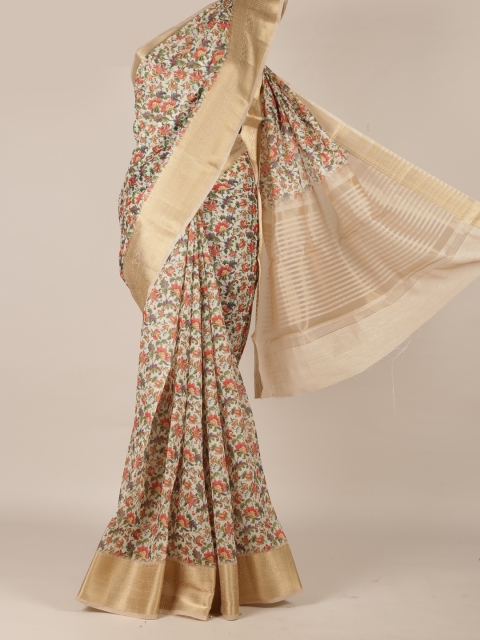 

Pothys Cream-Coloured Printed Jute Silk Saree