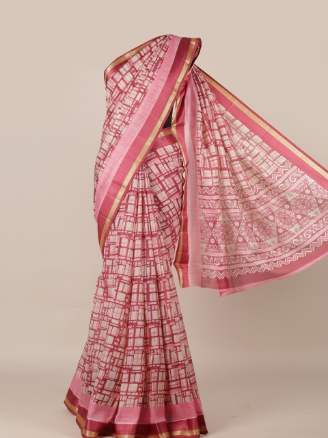 

Pothys Pink & Off-White Jute Silk Checked Saree