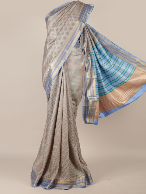 

Pothys Cream-Coloured & Blue Jute Silk Printed Saree