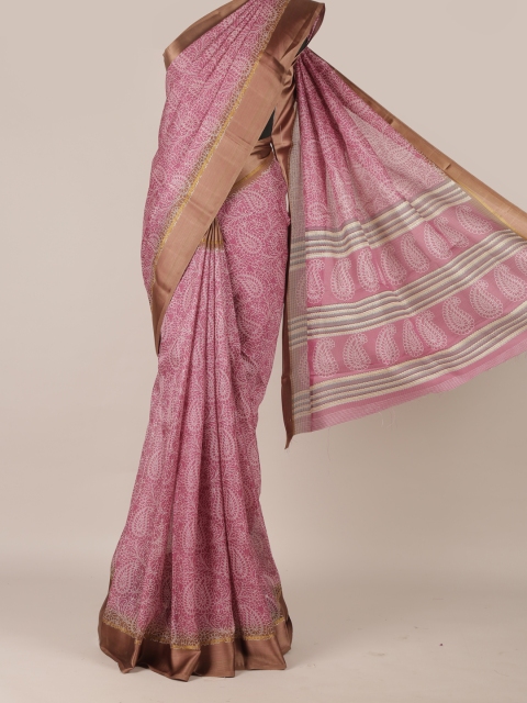 

Pothys Pink & Off-White Jute Silk Printed Saree