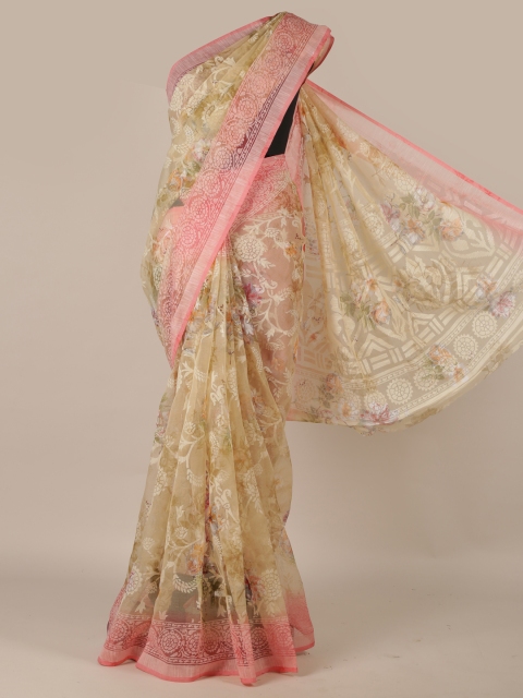 

Pothys Cream-Coloured & Pink Jute Silk Woven Design Saree