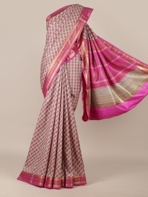 

Pothys Grey & Pink Jute Silk Printed Saree