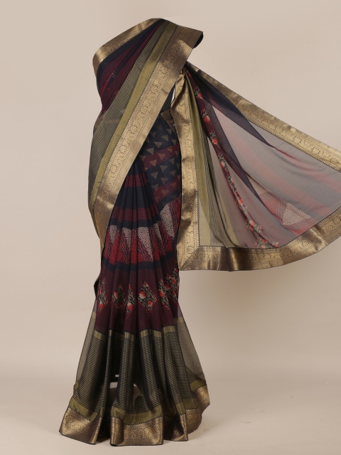 

Pothys Navy Blue & Red Poly Georgette Printed Saree