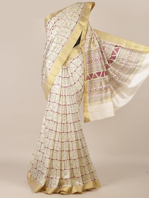 

Pothys Cream-Coloured Checked Jute Silk Saree