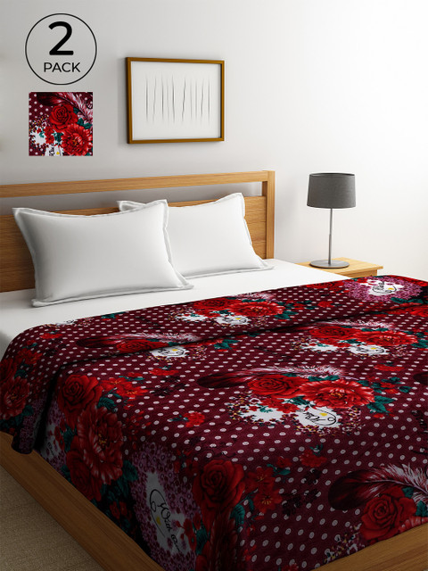 

KLOTTHE Set Of 2 Red & White Floral Printed 233 GSM Double Bed Comforter
