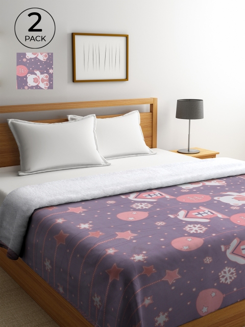 

KLOTTHE Set of 2 Purple & White Cartoon Characters Printed AC Room 450 GSM Double Bed Comforter