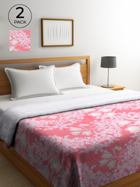 

KLOTTHE Set Of 2 Peach-Coloured & White Floral AC Room 450 GSM Double Bed Comforter