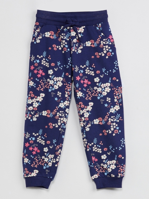 

max Girls Navy Blue & White Floral Printed Jogger Pants