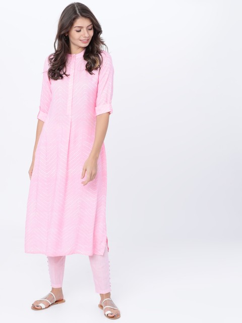 

Vishudh Women Pink & White Solid Kurta with Trousers
